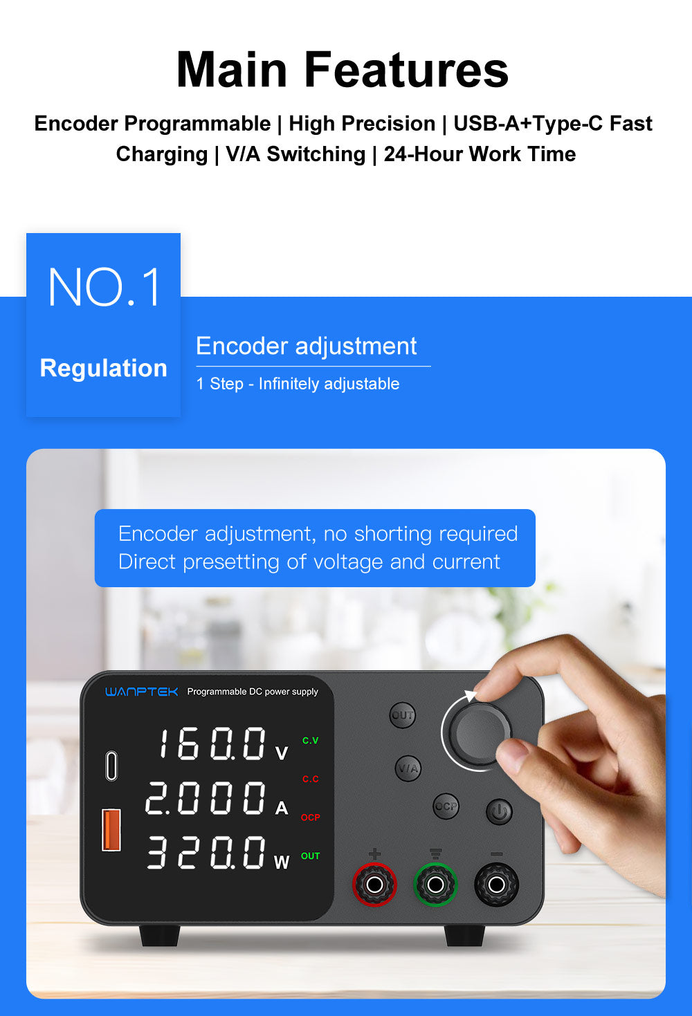 Fuente de alimentación CC regulada y ajustable WANPTEK TPS1602, 160 V 2 A, ajuste por codificador, carga rápida USB tipo C, pantalla de 4 dígitos, bajo ruido, conmutación A/V, ventilador de refrigeración blanco - Enchufe del Reino Unido