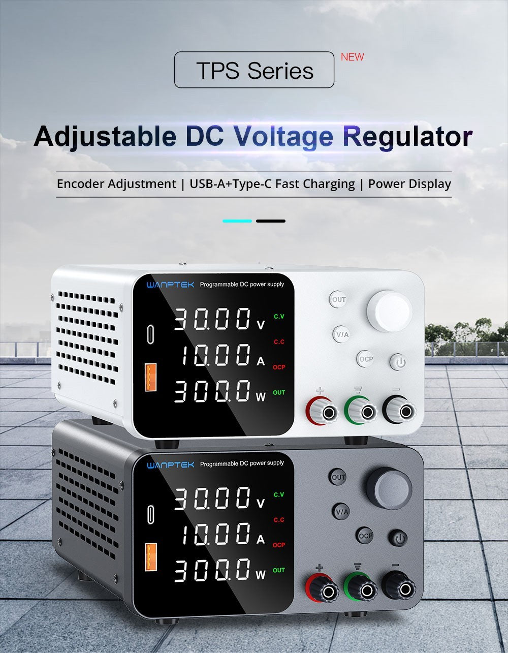 Fuente de alimentación CC regulada y ajustable WANPTEK TPS3010, 30 V 10 A, ajuste por codificador, carga rápida USB tipo C, pantalla de 4 dígitos, bajo ruido, conmutación A/V, ventilador de refrigeración blanco - Enchufe del Reino Unido