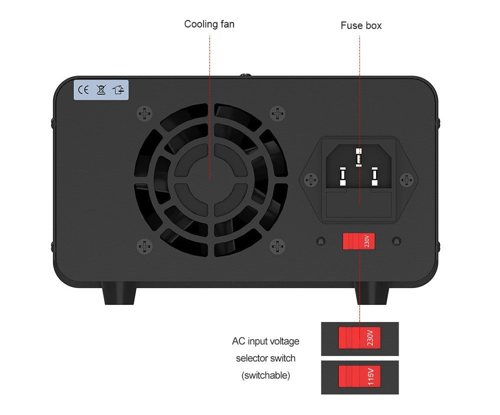 Fuente de alimentación CC regulada y ajustable WANPTEK TPS3010, 30 V 10 A, ajuste por codificador, carga rápida USB tipo C, pantalla de 4 dígitos, bajo ruido, conmutación A/V, ventilador de refrigeración blanco - Enchufe del Reino Unido