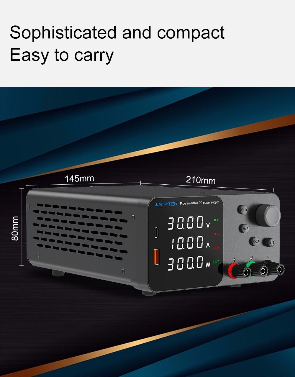 Fuente de alimentación CC regulada y ajustable WANPTEK TPS3010, 30 V 10 A, ajuste por codificador, carga rápida USB tipo C, pantalla de 4 dígitos, bajo ruido, conmutación A/V, ventilador de refrigeración blanco - Enchufe del Reino Unido