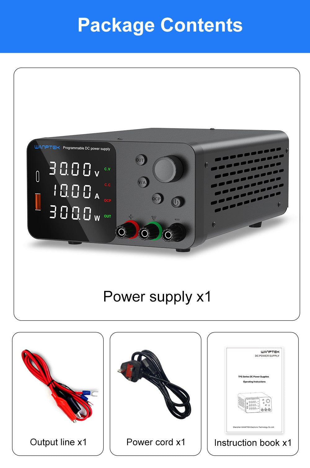 Fuente de alimentación CC regulada y ajustable WANPTEK TPS3010, 30 V 10 A, ajuste por codificador, carga rápida USB tipo C, pantalla de 4 dígitos, bajo ruido, conmutación A/V, ventilador de refrigeración blanco - Enchufe del Reino Unido