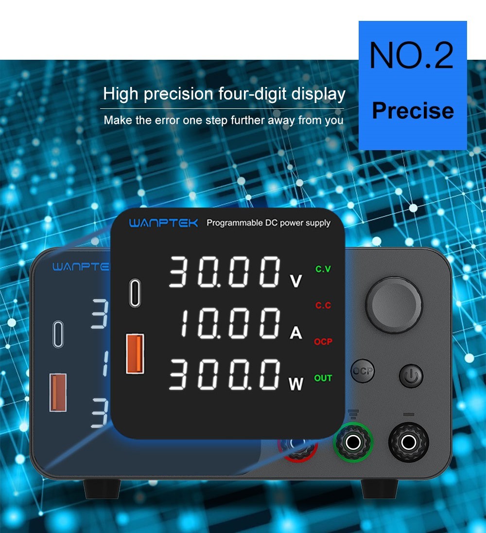 Fuente de alimentación CC regulada y ajustable WANPTEK TPS3010, 30 V 10 A, ajuste por codificador, carga rápida USB tipo C, pantalla de 4 dígitos, bajo ruido, conmutación A/V, ventilador de refrigeración blanco - Enchufe del Reino Unido