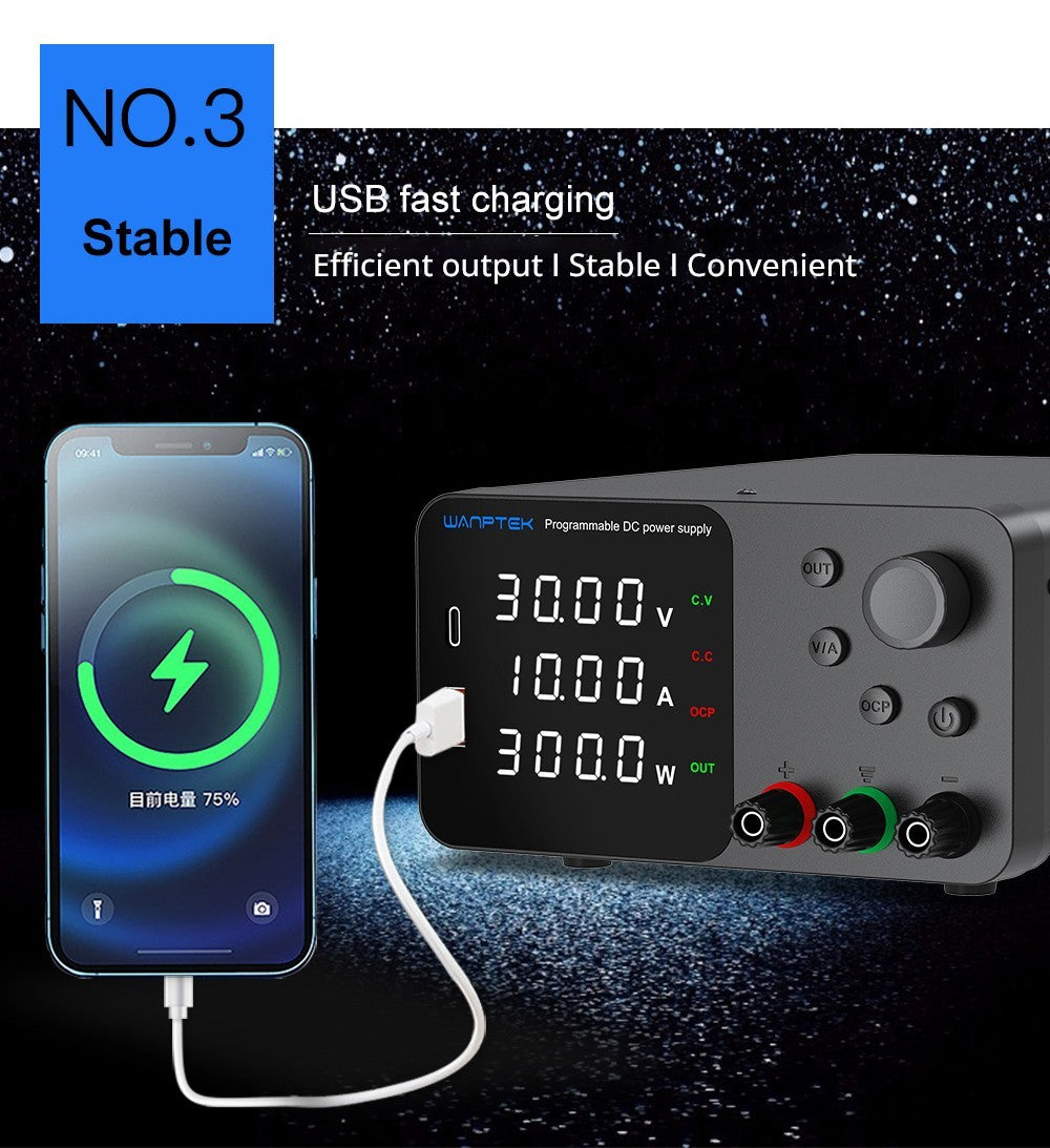 Fuente de alimentación CC regulada y ajustable WANPTEK TPS3010, 30 V 10 A, ajuste por codificador, carga rápida USB tipo C, pantalla de 4 dígitos, bajo ruido, conmutación A/V, ventilador de refrigeración blanco - Enchufe del Reino Unido