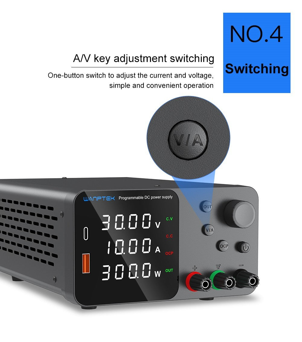 Fuente de alimentación CC regulada y ajustable WANPTEK TPS3010, 30 V 10 A, ajuste por codificador, carga rápida USB tipo C, pantalla de 4 dígitos, bajo ruido, conmutación A/V, ventilador de refrigeración blanco - Enchufe del Reino Unido