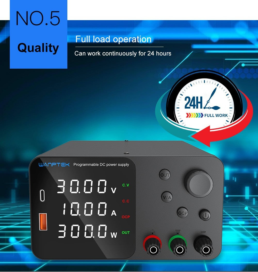Fuente de alimentación CC regulada y ajustable WANPTEK TPS3010, 30 V 10 A, ajuste por codificador, carga rápida USB tipo C, pantalla de 4 dígitos, bajo ruido, conmutación A/V, ventilador de refrigeración blanco - Enchufe del Reino Unido