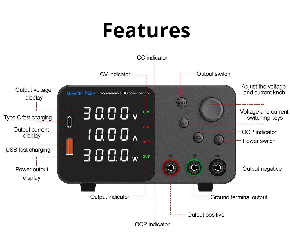 Fuente de alimentación CC regulada y ajustable WANPTEK TPS3010, 30 V 10 A, ajuste por codificador, carga rápida USB tipo C, pantalla de 4 dígitos, bajo ruido, conmutación A/V, ventilador de refrigeración blanco - Enchufe del Reino Unido