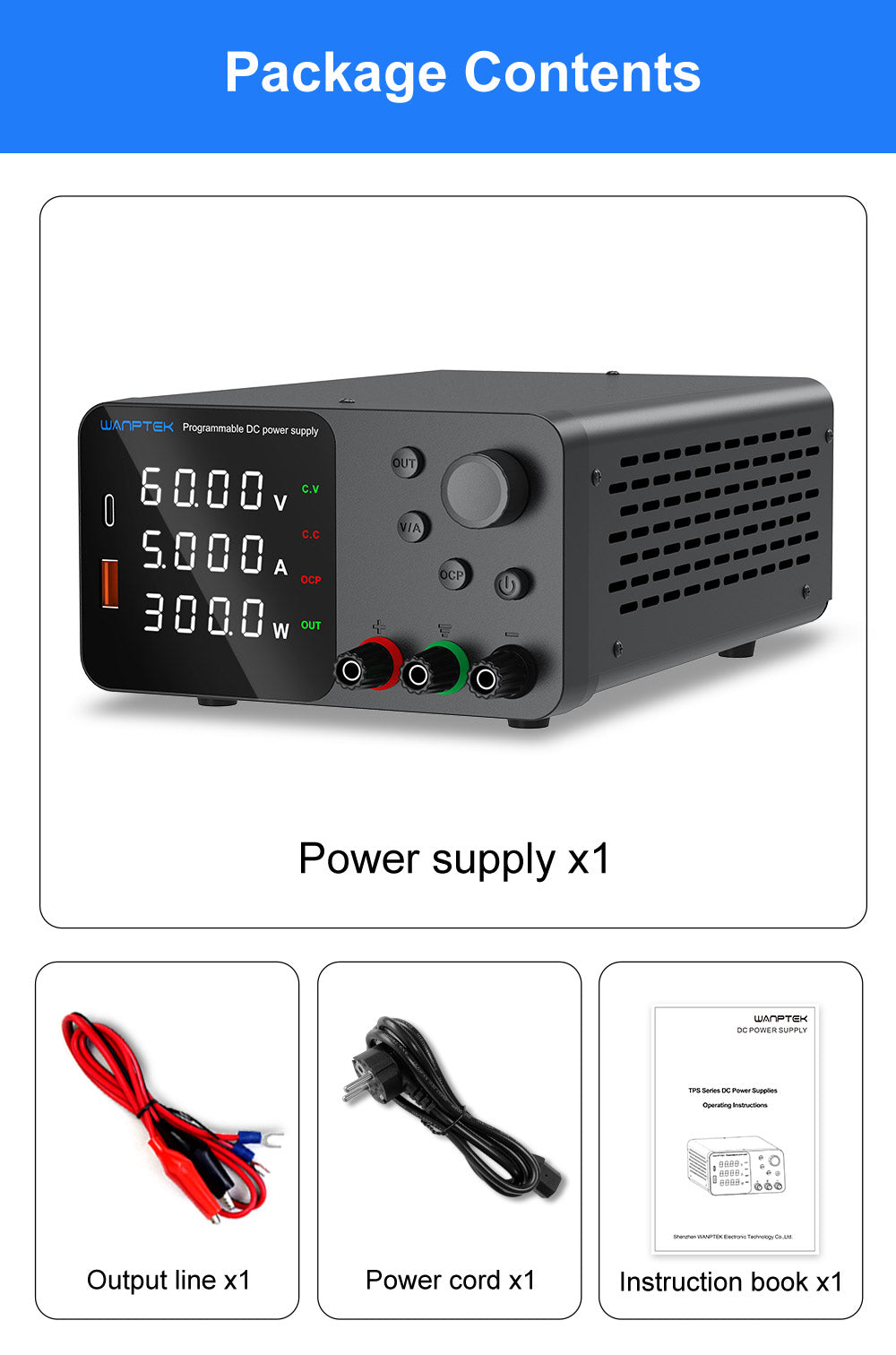 Fuente de alimentación CC regulada y ajustable WANPTEK TPS605, 60 V 5 A, ajuste por codificador, carga rápida USB tipo C, pantalla de 4 dígitos, bajo ruido, conmutación A/V, ventilador de refrigeración blanco - Enchufe UE