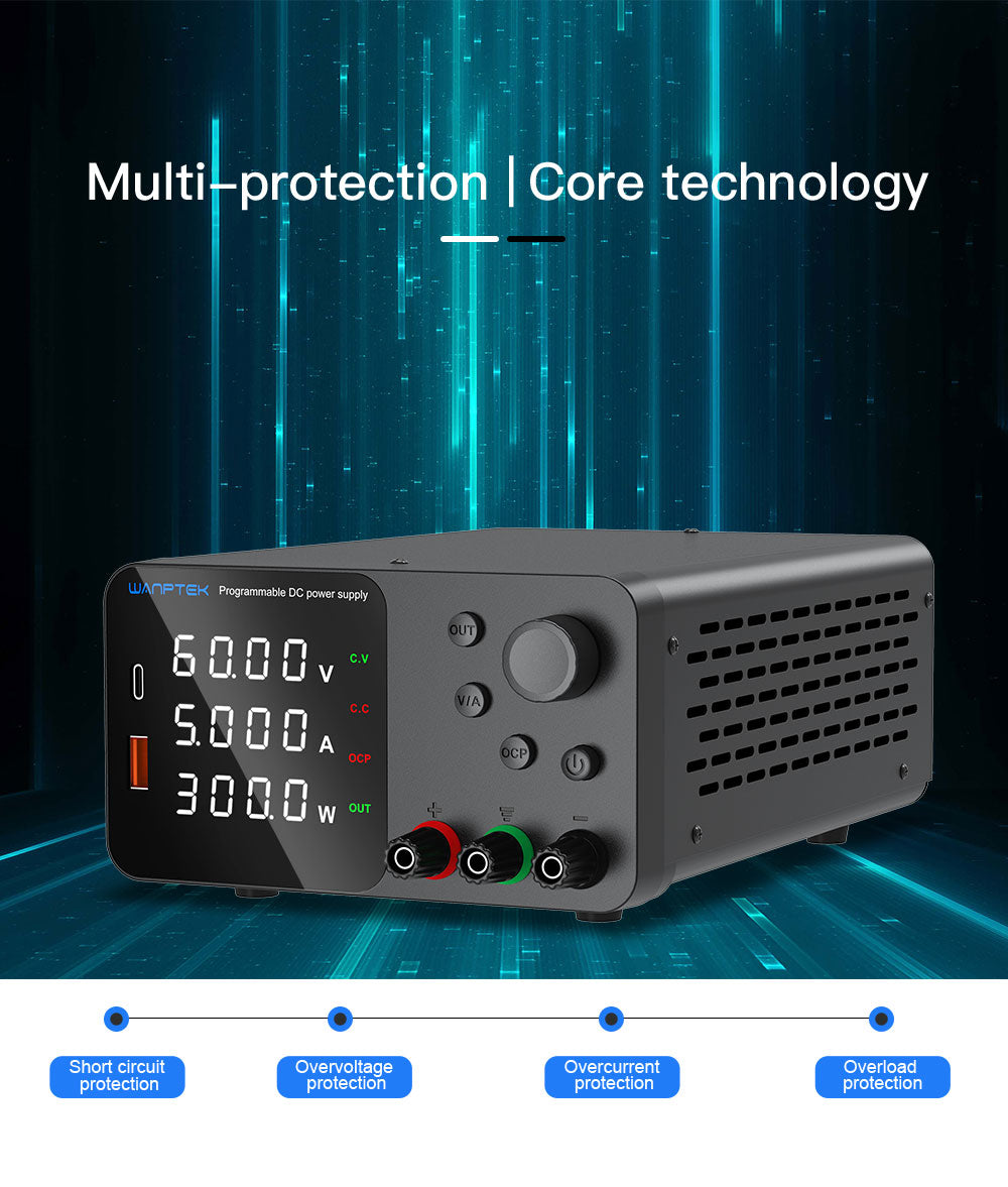 Fuente de alimentación CC regulada y ajustable WANPTEK TPS605, 60 V 5 A, ajuste por codificador, carga rápida USB tipo C, pantalla de 4 dígitos, bajo ruido, conmutación A/V, ventilador de refrigeración blanco - Enchufe UE