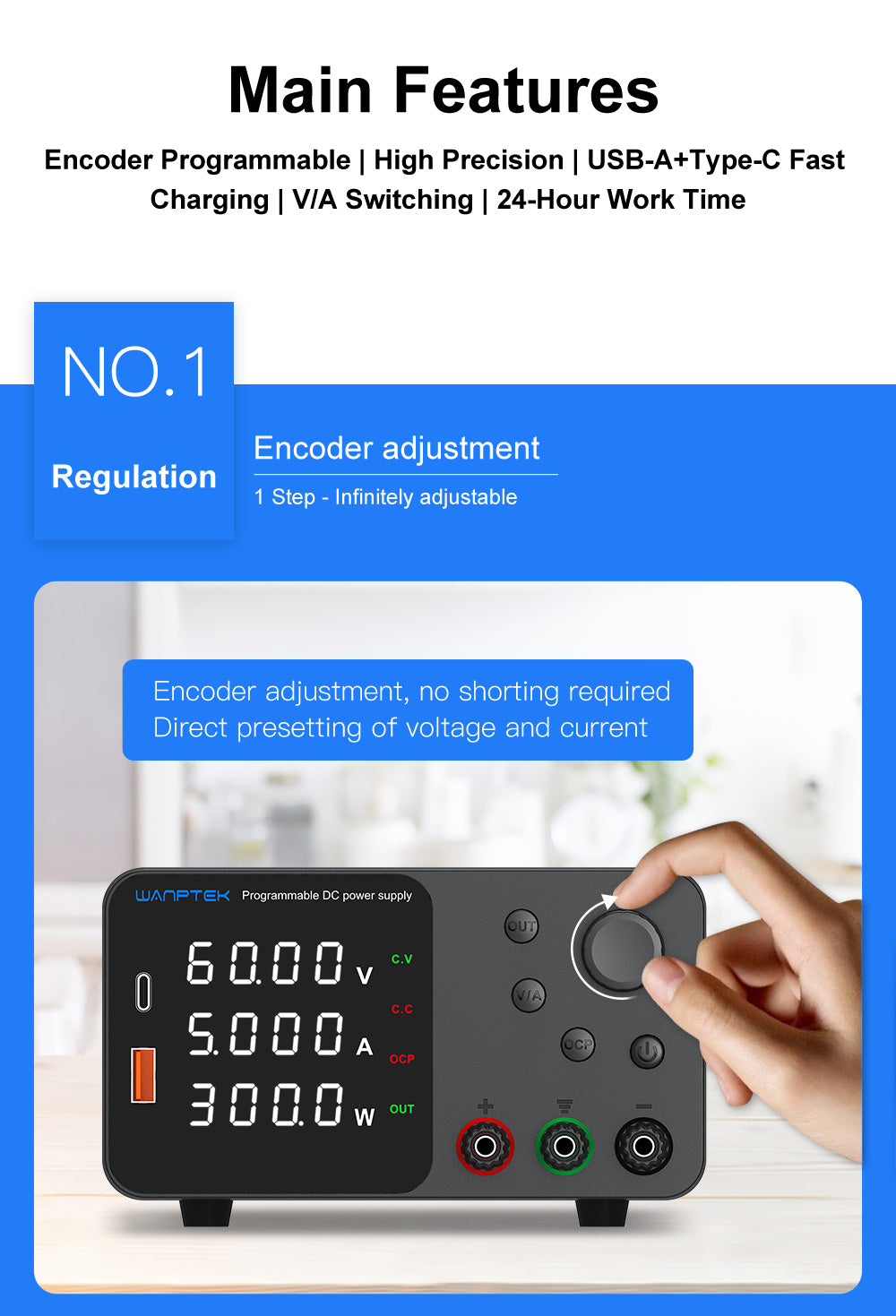 Fuente de alimentación CC regulada y ajustable WANPTEK TPS605, 60 V 5 A, ajuste por codificador, carga rápida USB tipo C, pantalla de 4 dígitos, bajo ruido, conmutación A/V, ventilador de refrigeración blanco - Enchufe UE