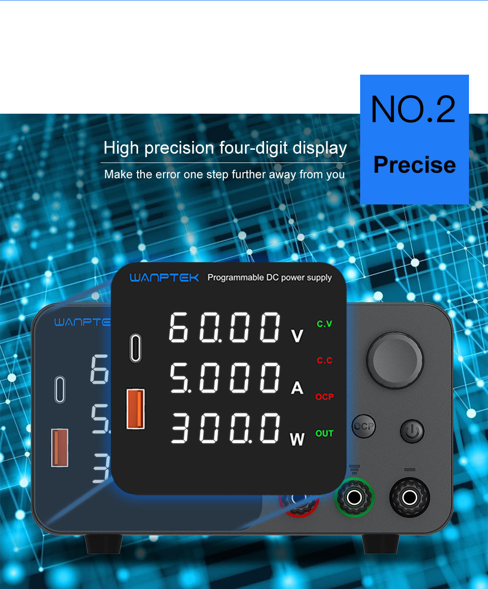 Fuente de alimentación CC regulada y ajustable WANPTEK TPS605, 60 V 5 A, ajuste por codificador, carga rápida USB tipo C, pantalla de 4 dígitos, bajo ruido, conmutación A/V, ventilador de refrigeración blanco - Enchufe UE