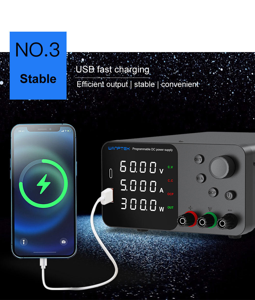 Fuente de alimentación CC regulada y ajustable WANPTEK TPS605, 60 V 5 A, ajuste por codificador, carga rápida USB tipo C, pantalla de 4 dígitos, bajo ruido, conmutación A/V, ventilador de refrigeración blanco - Enchufe UE