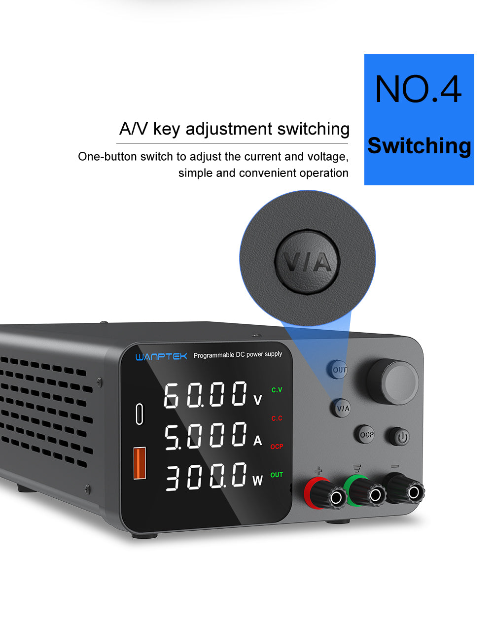 Fuente de alimentación CC regulada y ajustable WANPTEK TPS605, 60 V 5 A, ajuste por codificador, carga rápida USB tipo C, pantalla de 4 dígitos, bajo ruido, conmutación A/V, ventilador de refrigeración blanco - Enchufe UE