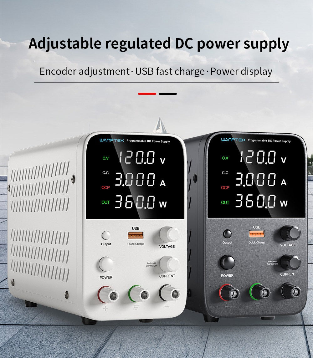 Fuente de alimentación CC regulada programable WANPTEK WPS1203, 120 V 3 A, ajuste por codificador, carga rápida USB, control inteligente de temperatura, pantalla de 4 dígitos, baja ondulación, bajo ruido, color negro - Enchufe UE