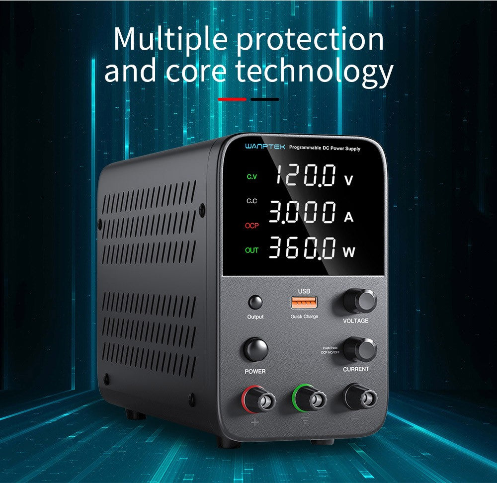Fuente de alimentación CC regulada programable WANPTEK WPS1203, 120 V 3 A, ajuste por codificador, carga rápida USB, control inteligente de temperatura, pantalla de 4 dígitos, baja ondulación, bajo ruido, color negro - Enchufe UE