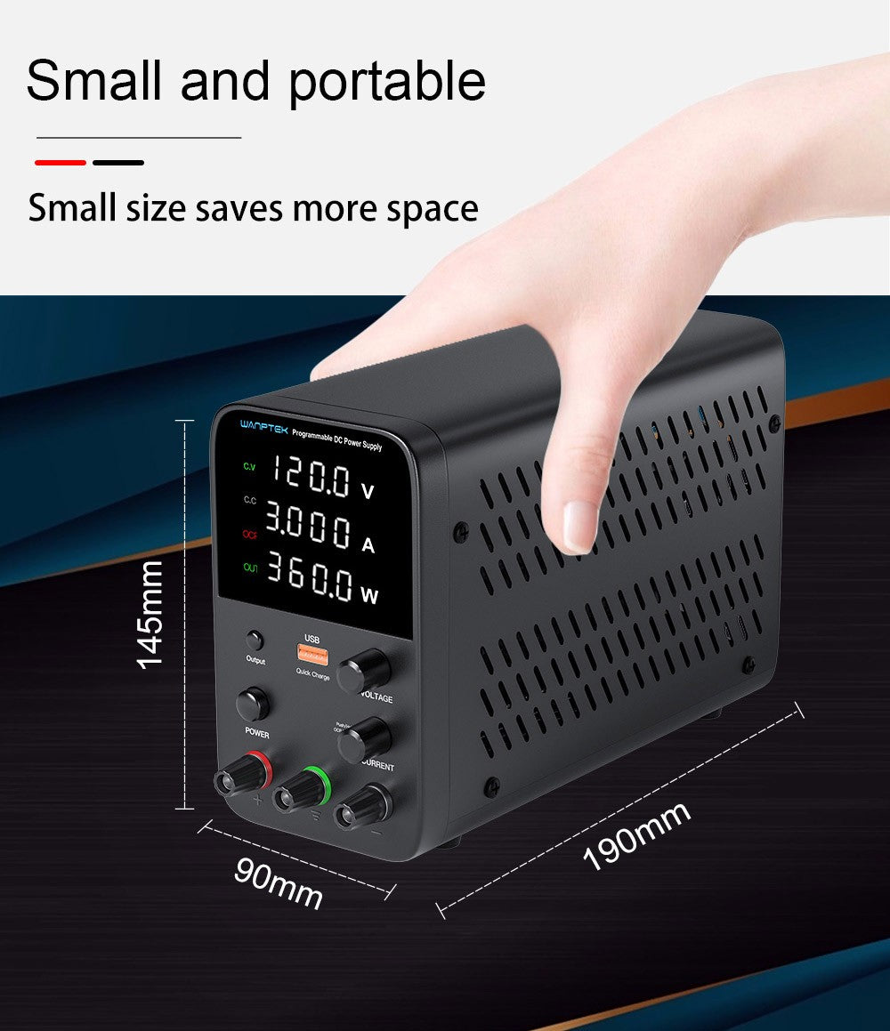 Fuente de alimentación CC regulada programable WANPTEK WPS1203, 120 V 3 A, ajuste por codificador, carga rápida USB, control inteligente de temperatura, pantalla de 4 dígitos, baja ondulación, bajo ruido, color negro - Enchufe UE