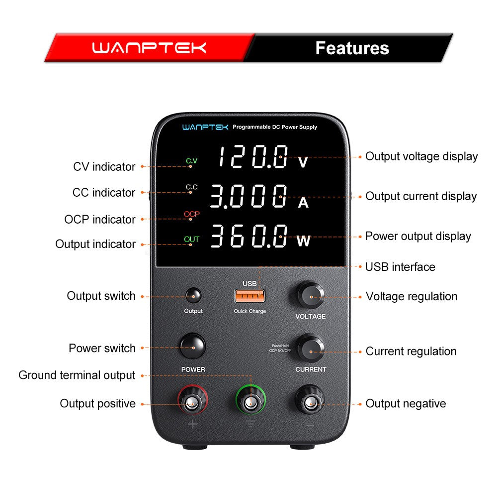 Fuente de alimentación CC regulada programable WANPTEK WPS1203, 120 V 3 A, ajuste por codificador, carga rápida USB, control inteligente de temperatura, pantalla de 4 dígitos, baja ondulación, bajo ruido, color negro - Enchufe UE