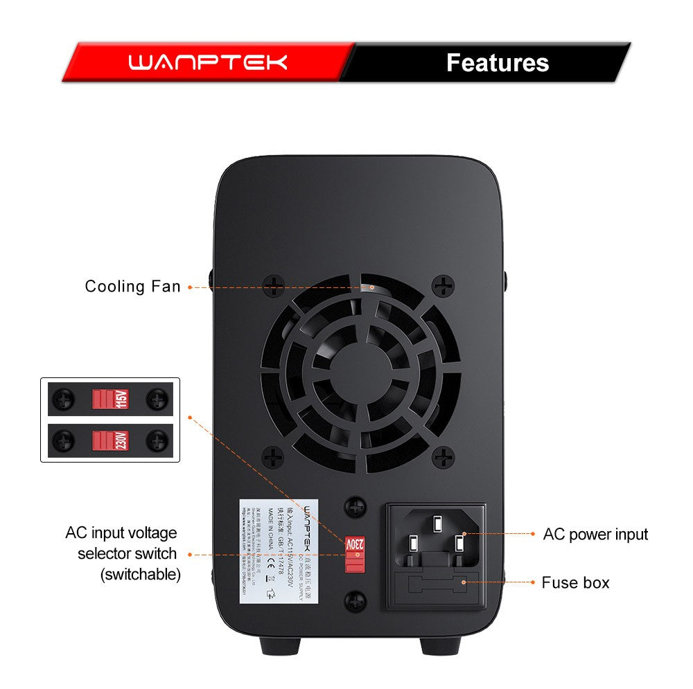 Fuente de alimentación CC regulada programable WANPTEK WPS1203, 120 V 3 A, ajuste por codificador, carga rápida USB, control inteligente de temperatura, pantalla de 4 dígitos, baja ondulación, bajo ruido, color negro - Enchufe UE