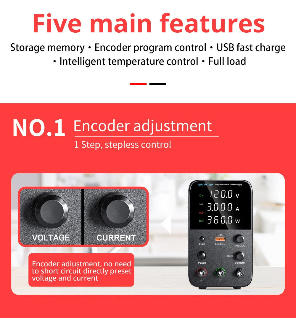 Fuente de alimentación CC regulada programable WANPTEK WPS1203, 120 V 3 A, ajuste por codificador, carga rápida USB, control inteligente de temperatura, pantalla de 4 dígitos, baja ondulación, bajo ruido, color negro - Enchufe UE