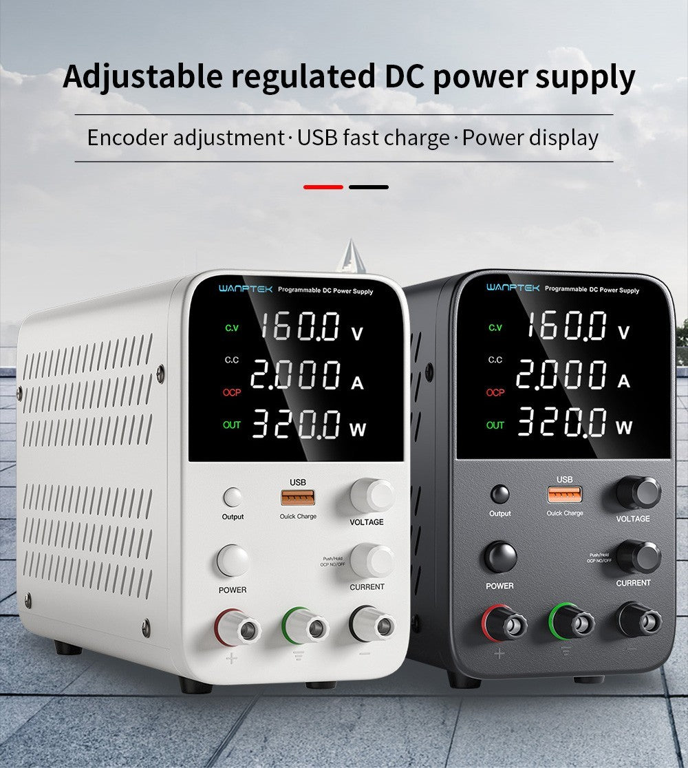 Fuente de alimentación CC regulada programable WANPTEK WPS1602, 160 V 2 A, ajuste por codificador, carga rápida USB, control de temperatura inteligente, pantalla de 4 dígitos, baja ondulación, bajo ruido, color blanco - Enchufe del Reino Unido