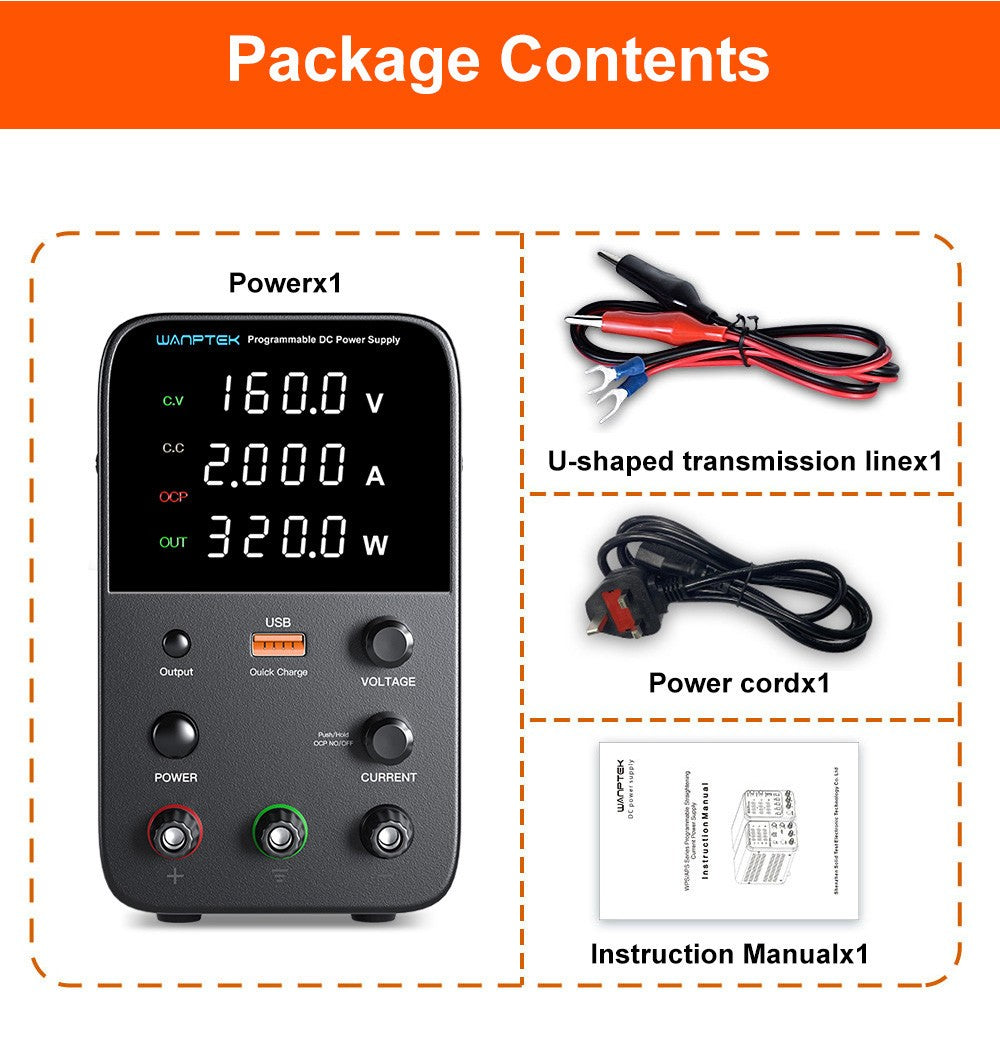 Fuente de alimentación CC regulada programable WANPTEK WPS1602, 160 V 2 A, ajuste por codificador, carga rápida USB, control de temperatura inteligente, pantalla de 4 dígitos, baja ondulación, bajo ruido, color blanco - Enchufe del Reino Unido