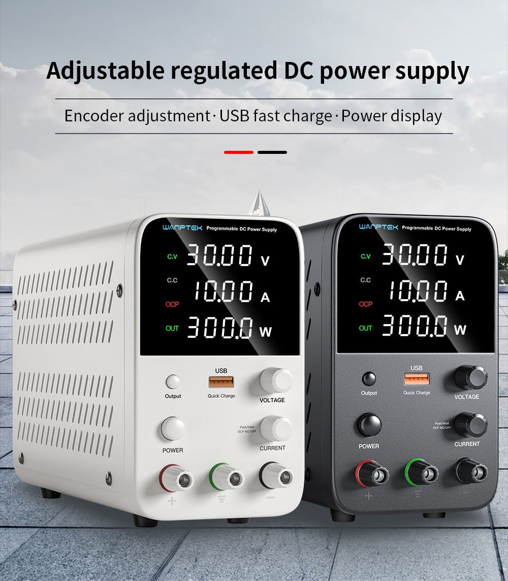 Fuente de alimentación CC regulada programable WANPTEK WPS3010, 30 V 10 A, ajuste por codificador, carga rápida USB, control de temperatura inteligente, pantalla de 4 dígitos, baja ondulación, bajo ruido, color negro - Enchufe estadounidense