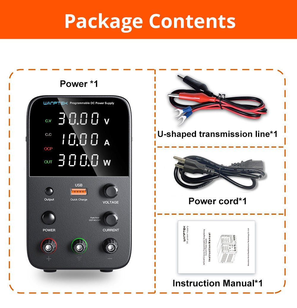 Fuente de alimentación CC regulada programable WANPTEK WPS3010, 30 V 10 A, ajuste por codificador, carga rápida USB, control de temperatura inteligente, pantalla de 4 dígitos, baja ondulación, bajo ruido, color negro - Enchufe estadounidense