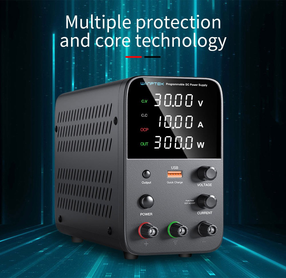 Fuente de alimentación CC regulada programable WANPTEK WPS3010, 30 V 10 A, ajuste por codificador, carga rápida USB, control de temperatura inteligente, pantalla de 4 dígitos, baja ondulación, bajo ruido, color negro - Enchufe estadounidense