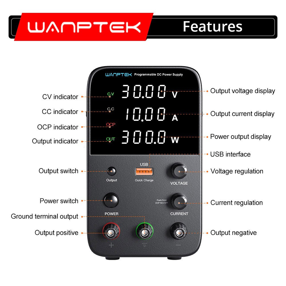 Fuente de alimentación CC regulada programable WANPTEK WPS3010, 30 V 10 A, ajuste por codificador, carga rápida USB, control de temperatura inteligente, pantalla de 4 dígitos, baja ondulación, bajo ruido, color negro - Enchufe estadounidense