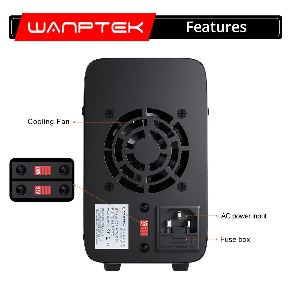 Fuente de alimentación CC regulada programable WANPTEK WPS3010, 30 V 10 A, ajuste por codificador, carga rápida USB, control de temperatura inteligente, pantalla de 4 dígitos, baja ondulación, bajo ruido, color negro - Enchufe estadounidense