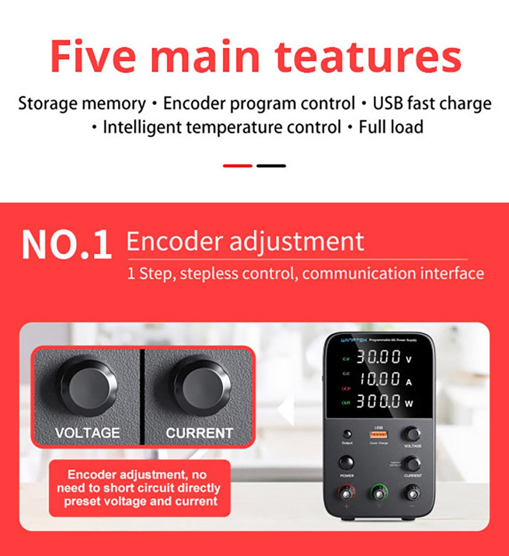 Fuente de alimentación CC regulada programable WANPTEK WPS3010, 30 V 10 A, ajuste por codificador, carga rápida USB, control de temperatura inteligente, pantalla de 4 dígitos, baja ondulación, bajo ruido, color negro - Enchufe estadounidense