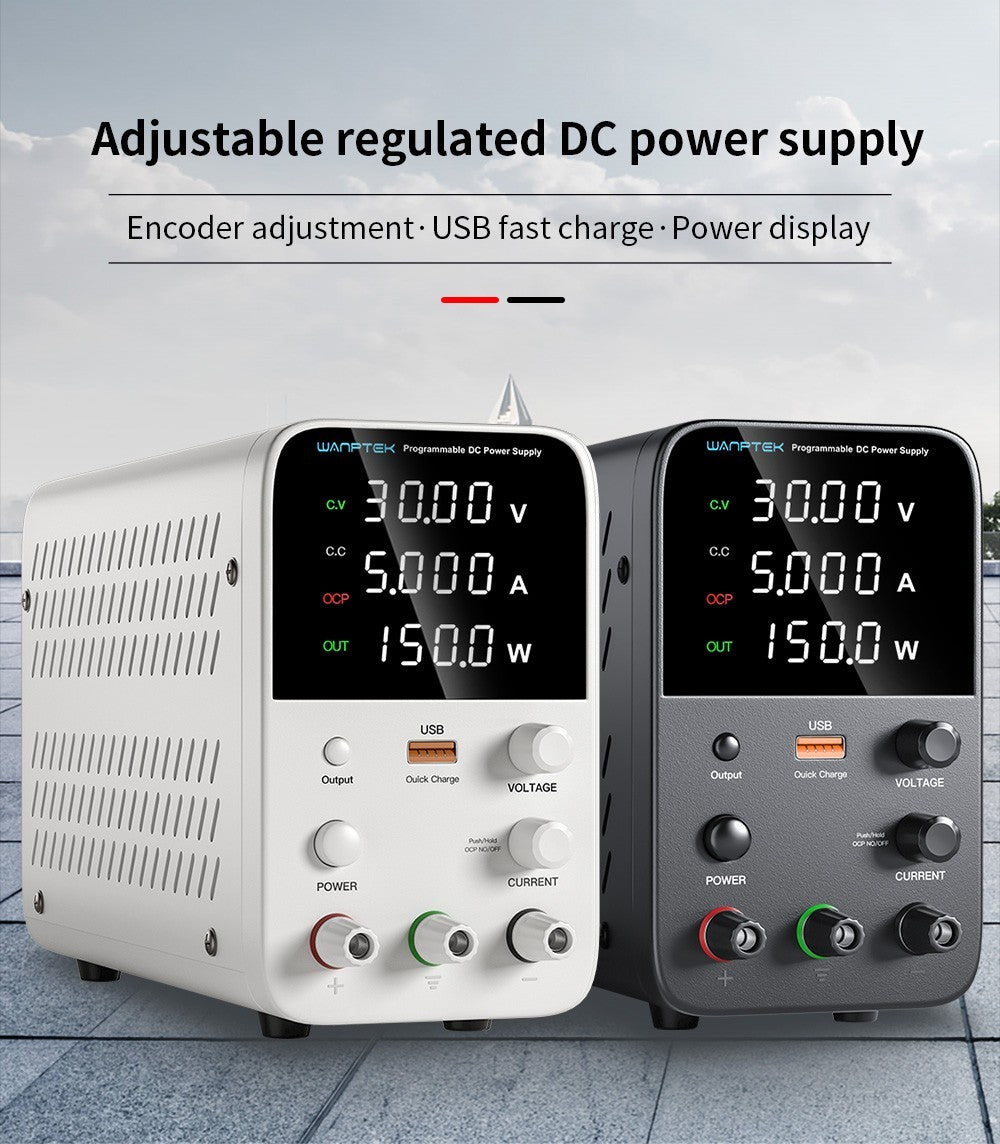 Fuente de alimentación CC regulada programable Wanptek WPS305, 30 V 5 A, ajuste por codificador, carga rápida USB, control inteligente de temperatura, pantalla de 4 dígitos, baja ondulación, bajo ruido, color negro - Enchufe UE