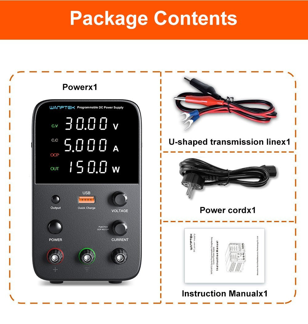 Fuente de alimentación CC regulada programable Wanptek WPS305, 30 V 5 A, ajuste por codificador, carga rápida USB, control inteligente de temperatura, pantalla de 4 dígitos, baja ondulación, bajo ruido, color negro - Enchufe UE