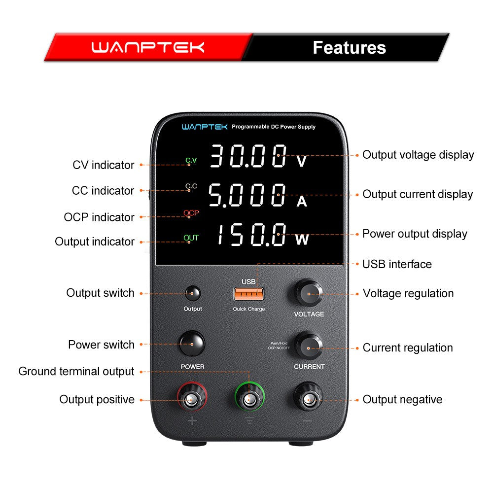 Fuente de alimentación CC regulada programable Wanptek WPS305, 30 V 5 A, ajuste por codificador, carga rápida USB, control inteligente de temperatura, pantalla de 4 dígitos, baja ondulación, bajo ruido, color negro - Enchufe UE