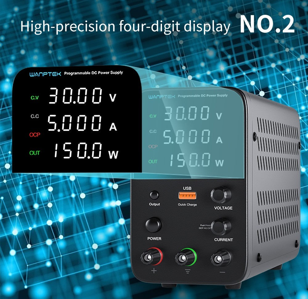 Fuente de alimentación CC regulada programable Wanptek WPS305, 30 V 5 A, ajuste por codificador, carga rápida USB, control inteligente de temperatura, pantalla de 4 dígitos, baja ondulación, bajo ruido, color negro - Enchufe UE