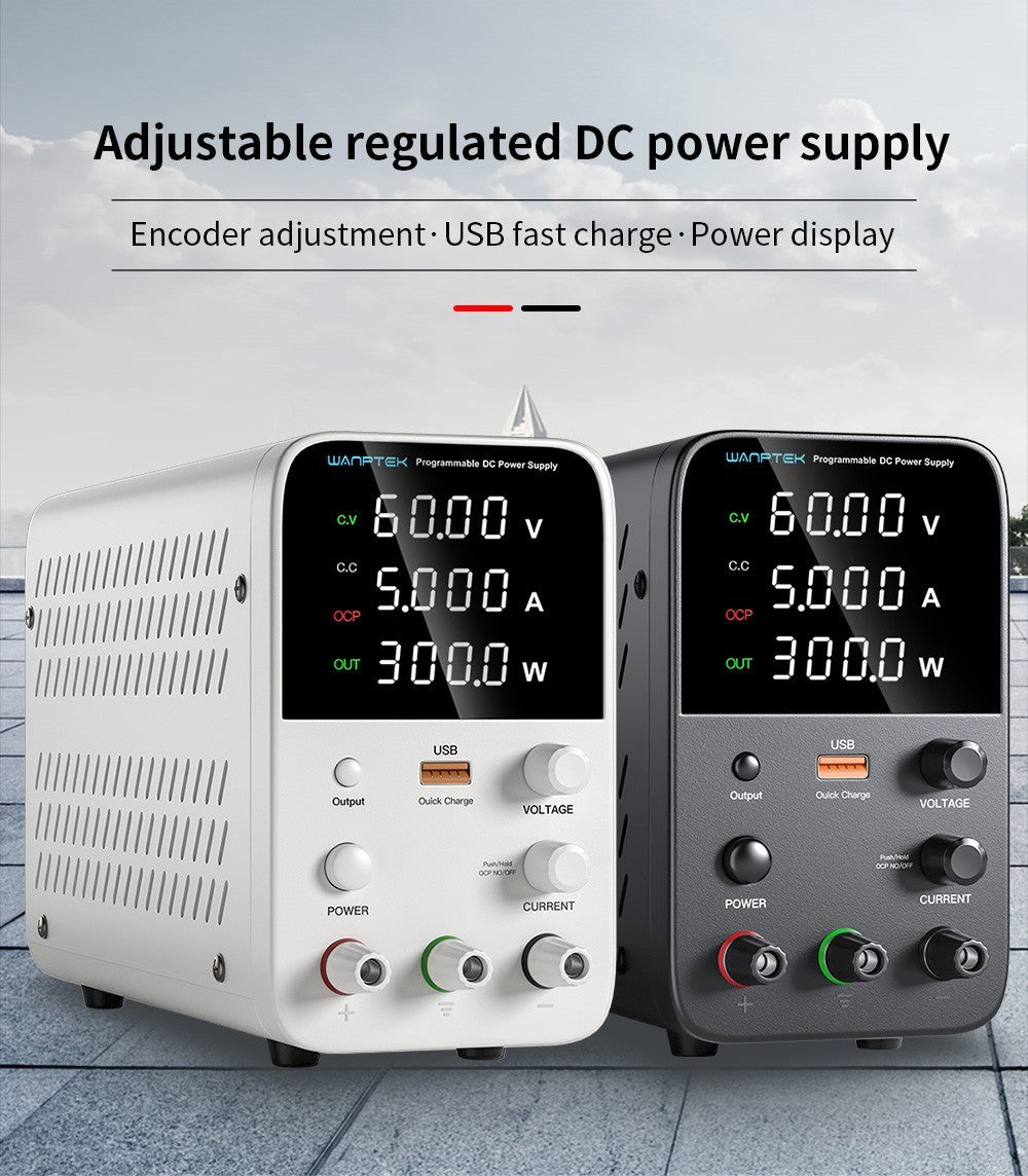 Fuente de alimentación CC regulada programable WANPTEK WPS605, 60 V 5 A, ajuste por codificador, carga rápida USB, control de temperatura inteligente, pantalla de 4 dígitos, baja ondulación, bajo ruido, color negro - Enchufe del Reino Unido