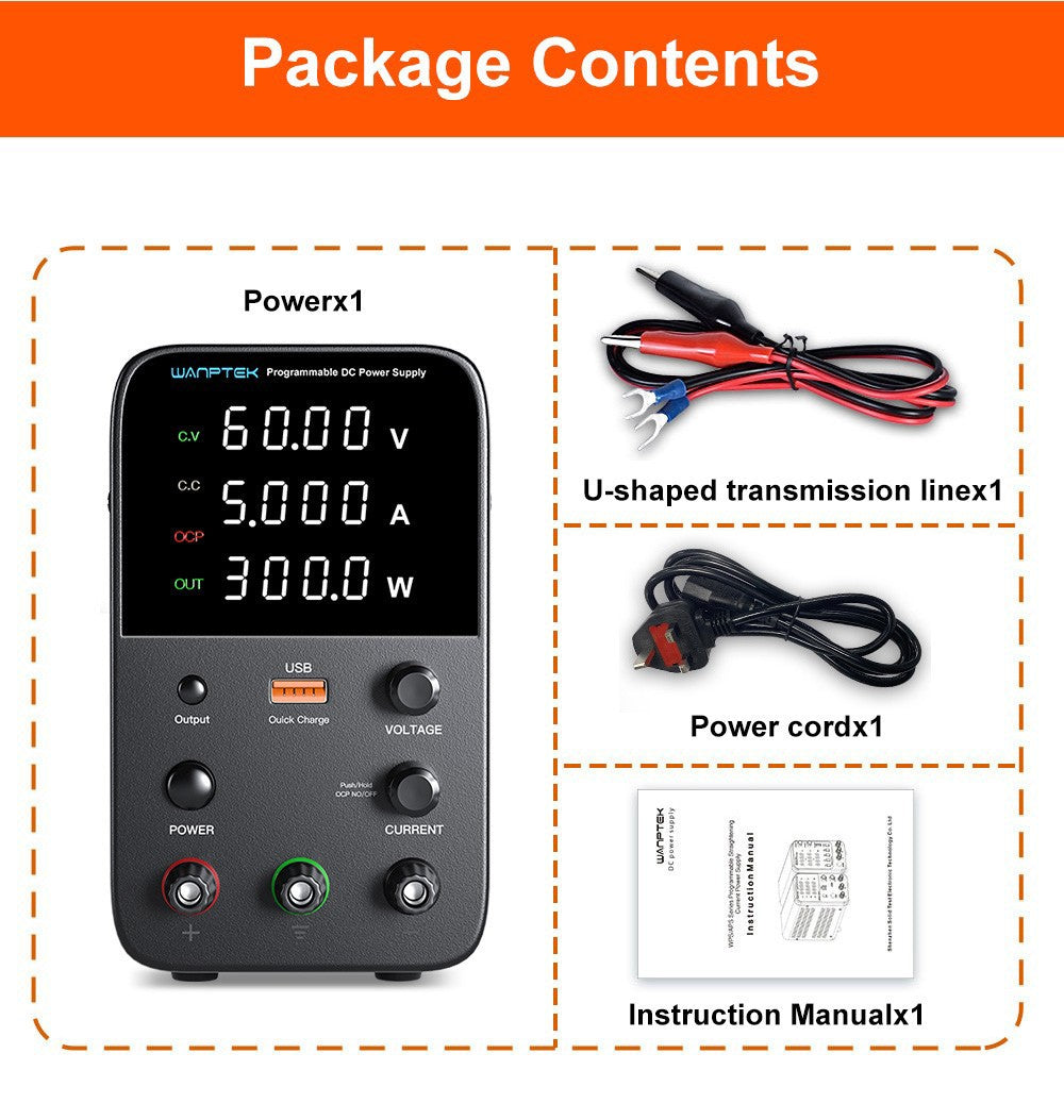Fuente de alimentación CC regulada programable WANPTEK WPS605, 60 V 5 A, ajuste por codificador, carga rápida USB, control de temperatura inteligente, pantalla de 4 dígitos, baja ondulación, bajo ruido, color negro - Enchufe del Reino Unido