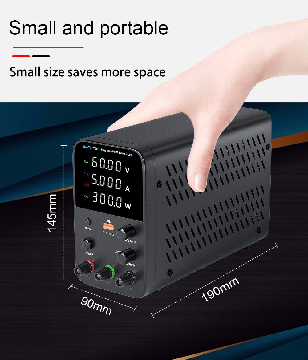Fuente de alimentación CC regulada programable WANPTEK WPS605, 60 V 5 A, ajuste por codificador, carga rápida USB, control de temperatura inteligente, pantalla de 4 dígitos, baja ondulación, bajo ruido, color negro - Enchufe del Reino Unido