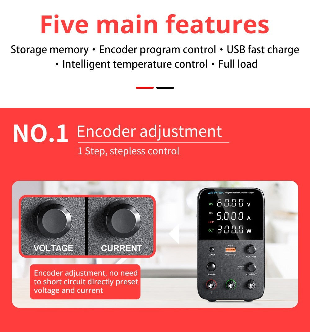 Fuente de alimentación CC regulada programable WANPTEK WPS605, 60 V 5 A, ajuste por codificador, carga rápida USB, control de temperatura inteligente, pantalla de 4 dígitos, baja ondulación, bajo ruido, color negro - Enchufe del Reino Unido