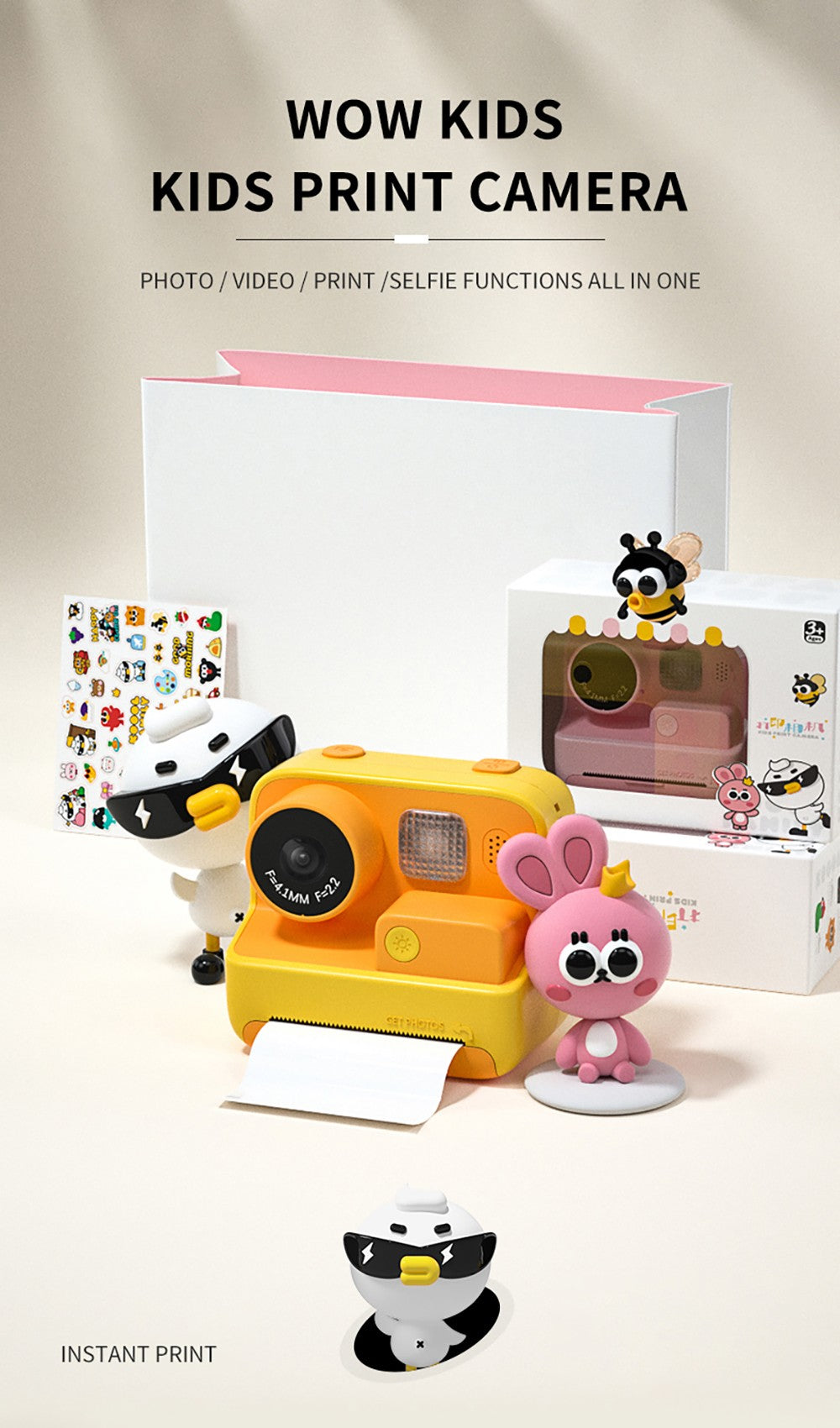 Cámara instantánea para niños WOWKIDS K27, cámaras duales delantera y trasera de 48MP, resolución 1080P, 4 filtros, tarjeta TF de 32GB, batería de 1400mAh - Rosa