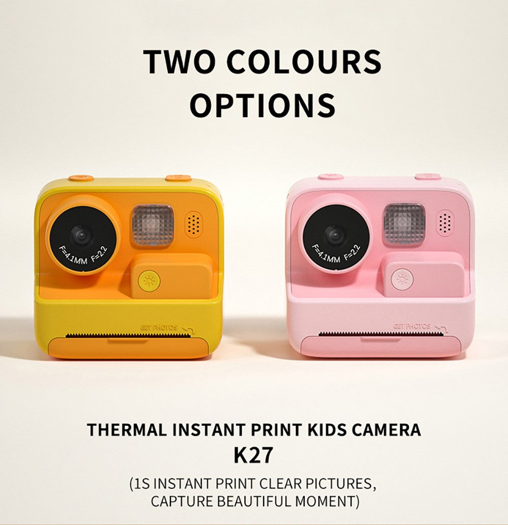 Cámara instantánea para niños WOWKIDS K27, cámaras duales delantera y trasera de 48MP, resolución 1080P, 4 filtros, tarjeta TF de 32GB, batería de 1400mAh - Rosa