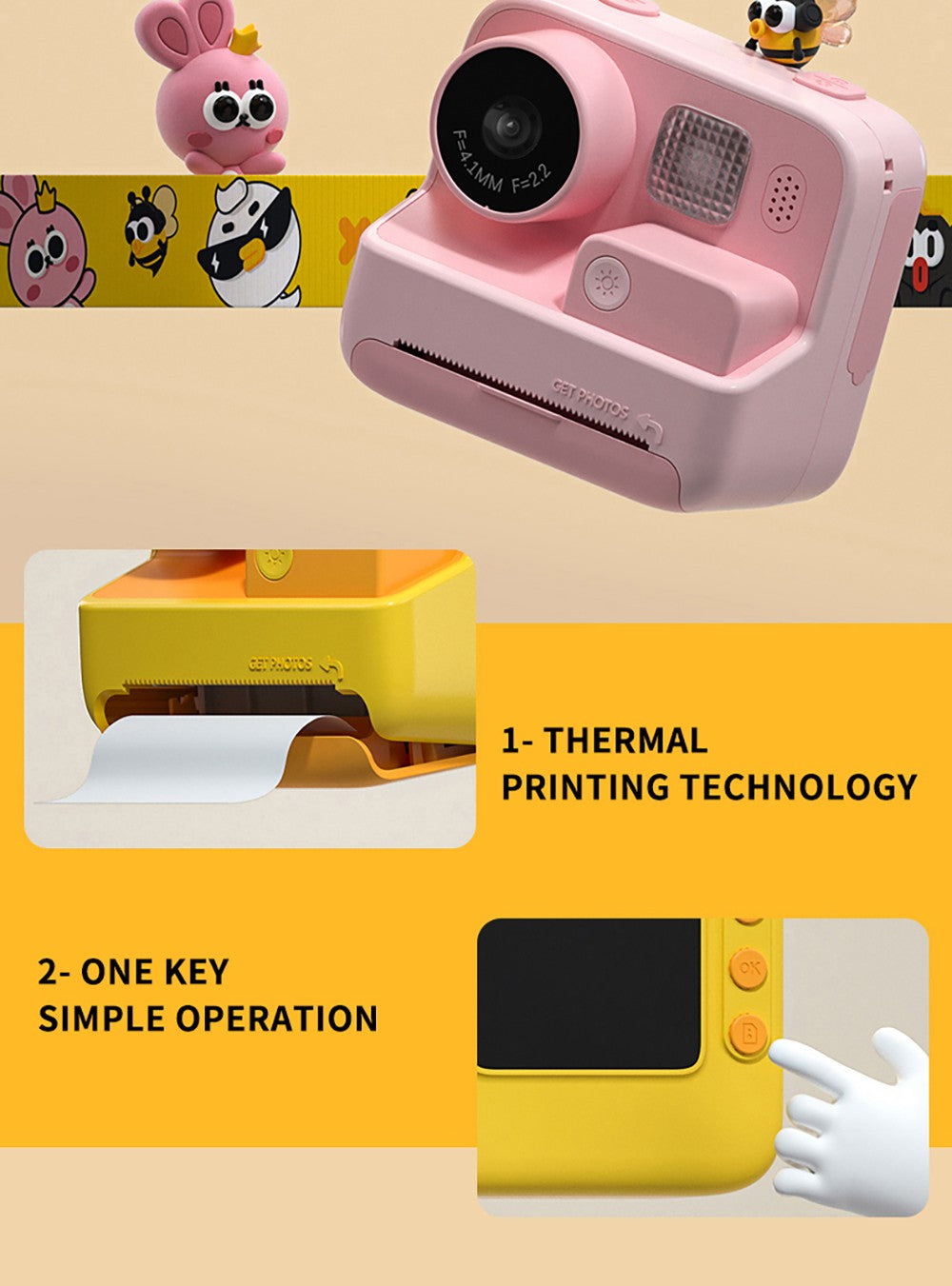 Cámara instantánea para niños WOWKIDS K27, cámaras duales delantera y trasera de 48MP, resolución 1080P, 4 filtros, tarjeta TF de 32GB, batería de 1400mAh - Rosa