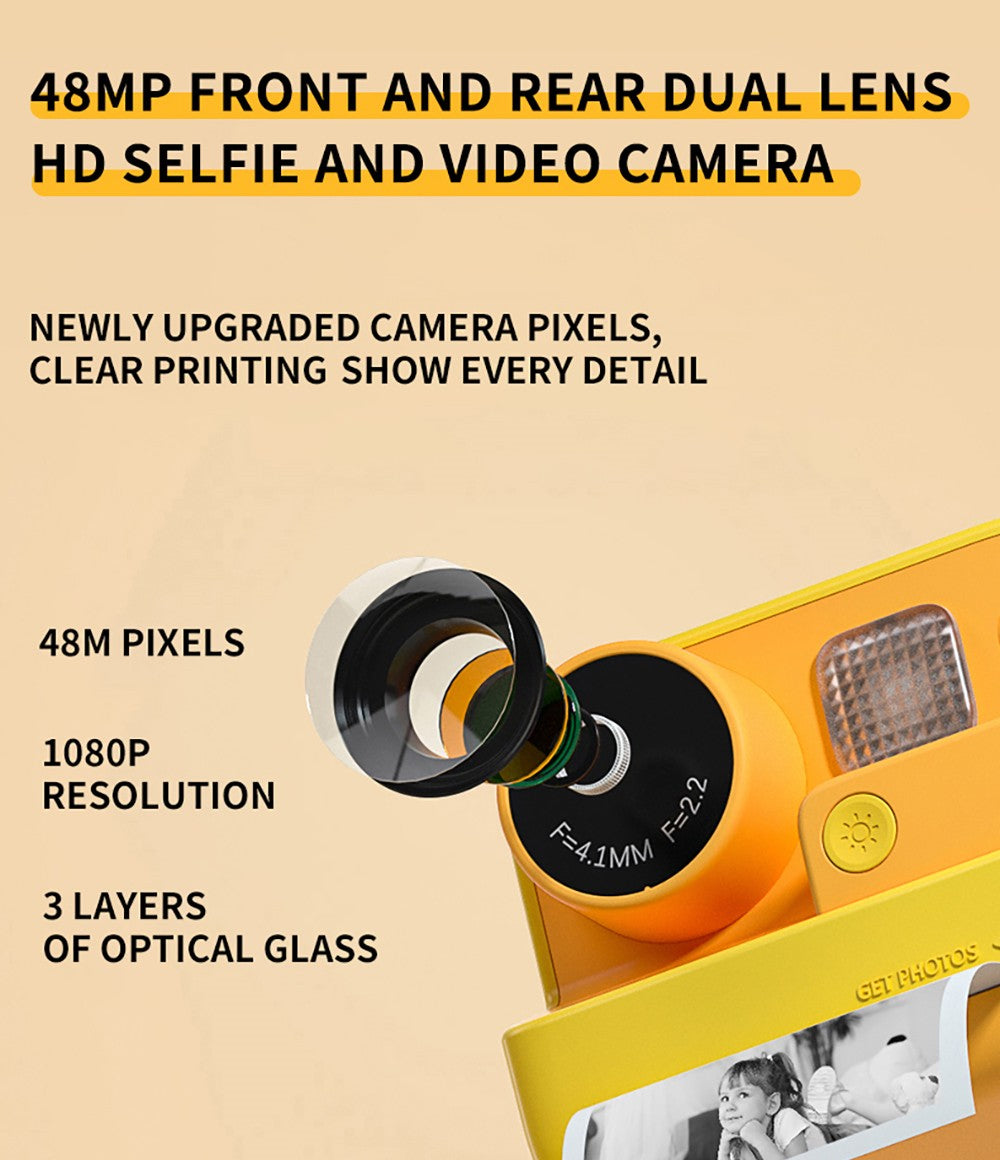 Cámara instantánea para niños WOWKIDS K27, cámaras duales delantera y trasera de 48MP, resolución 1080P, 4 filtros, tarjeta TF de 32GB, batería de 1400mAh - Rosa