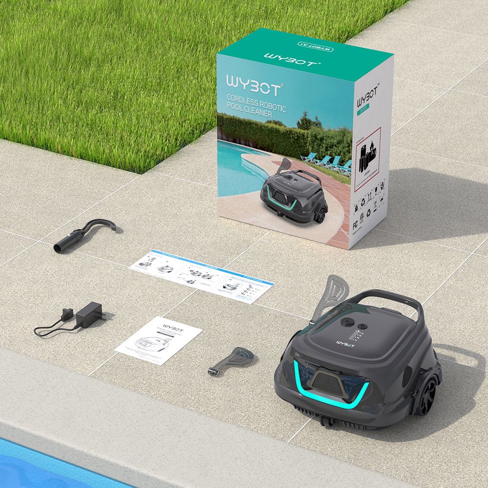 WYBOT A1 Robot Aspirador de Piscina Inalámbrico, Filtros Dobles, 120 minutos de Autonomía, Carga Rápida de 2.5 horas, para Piscinas Elevadas de Fondo Plano, Negro