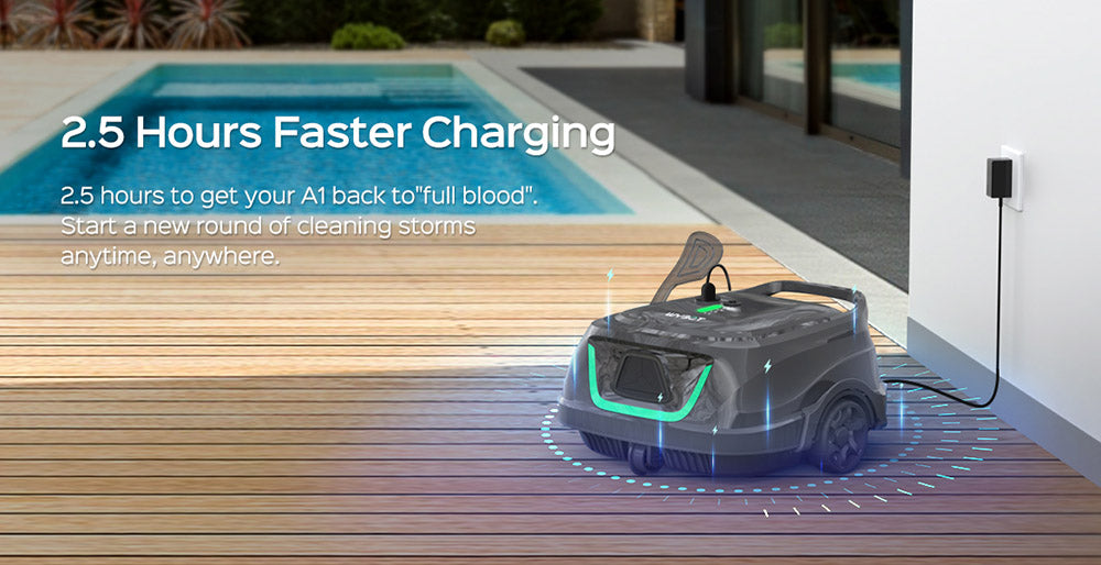 WYBOT A1 Robot Aspirador de Piscina Inalámbrico, Filtros Dobles, 120 minutos de Autonomía, Carga Rápida de 2.5 horas, para Piscinas Elevadas de Fondo Plano, Negro