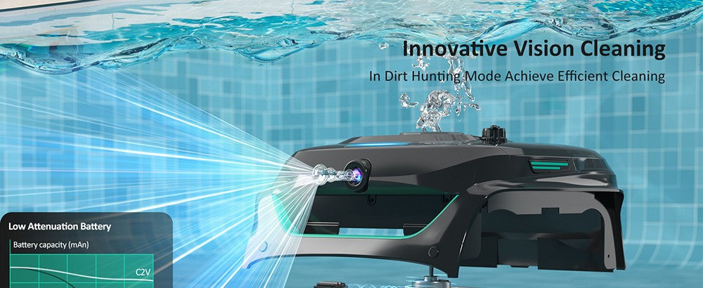 WYBOT C2 Vision Akku-Poolroboter, Schmutzerkennung mit KI-Kamera, 8-in-1-Reinigungsprogramm, Zweischichtfiltration, bürstenlose Motoren für starke Saugkraft, für Pools bis zu 180 m², Schwarz/Grün