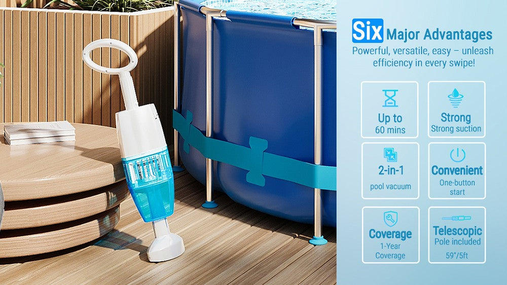 WYBOT HJ10P Hand-Poolsauger, inklusive Teleskopstange, 25 l/min Saugleistung, 5200 mAh Akku, bis zu 60 Minuten Laufzeit, 0,5-l-Filter