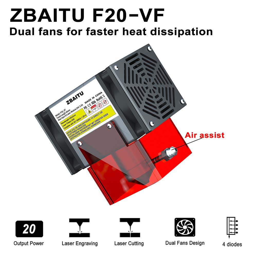 ZBAITU F20-VF 20W Lasermodul, Luftunterstützung, Fixfokus, 0,08 x 0,08 mm Spot, 0,01 mm Genauigkeit, Doppellüfter