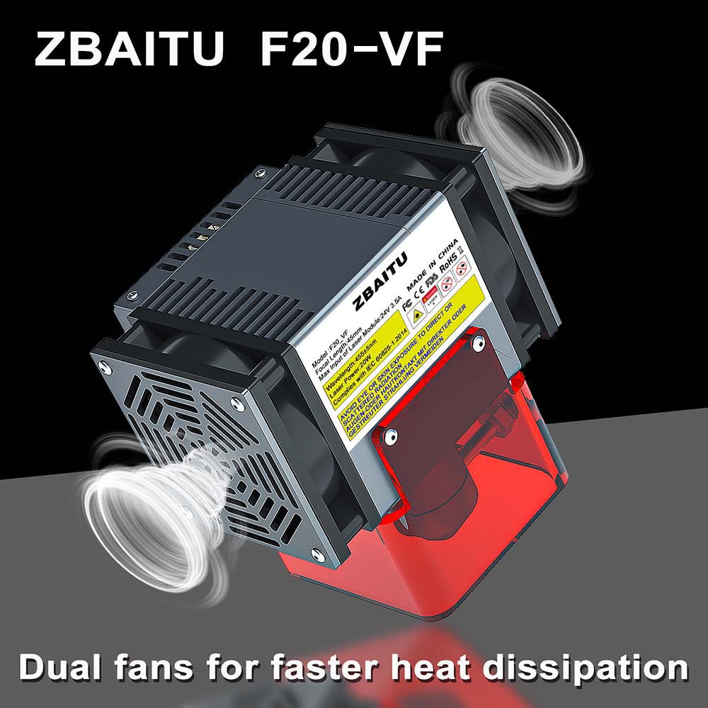 ZBAITU F20-VF 20W Lasermodul, Luftunterstützung, Fixfokus, 0,08 x 0,08 mm Spot, 0,01 mm Genauigkeit, Doppellüfter