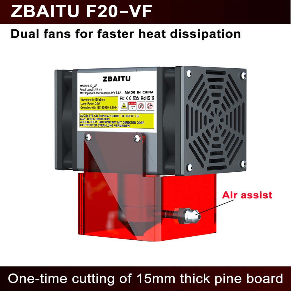 ZBAITU F20-VF 20W Lasermodul, Luftunterstützung, Fixfokus, 0,08 x 0,08 mm Spot, 0,01 mm Genauigkeit, Doppellüfter